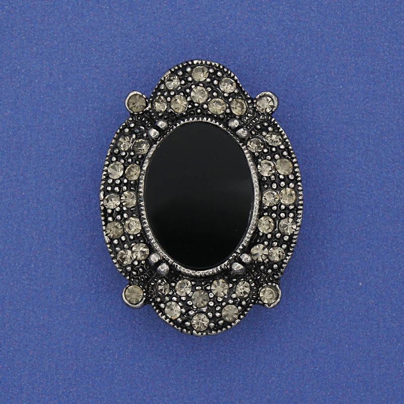 Brooch with Black Agate (imitation) "Antique Style" metal colour "silver" 3.3cm