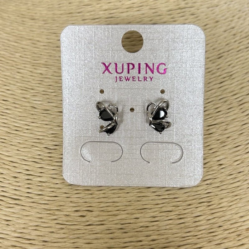 Xuping Stud Earrings, Rhodium with Black Crystals, 12x8mm Diameter