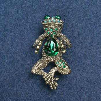 Frog Brooch, Gold-Tone Metal, Green and Petrol Rhinestones, 36x12mm+