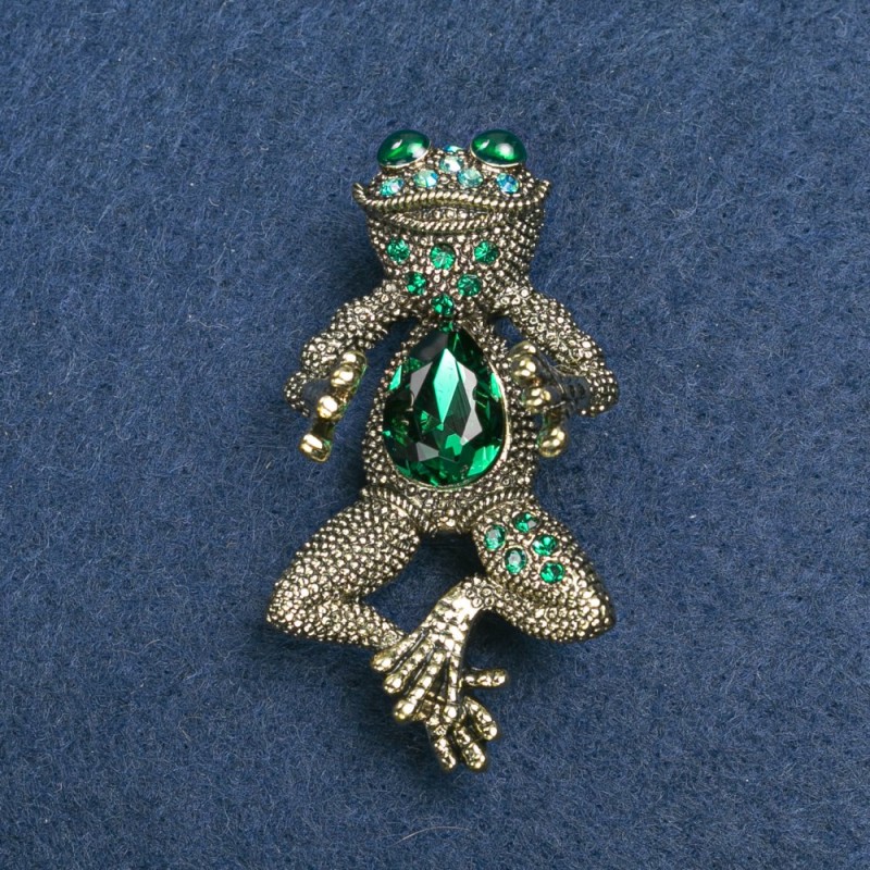 Frog Brooch, Gold-Tone Metal, Green and Petrol Rhinestones, 36x12mm+