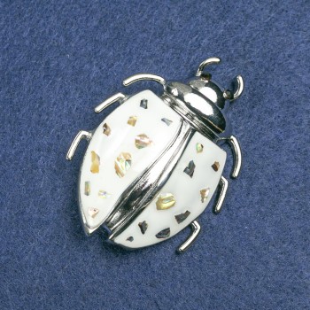 Beetle Brooch, Silver-Tone Metal, White Enamel, Abalone and Black Rhinestones, 58x24mm +