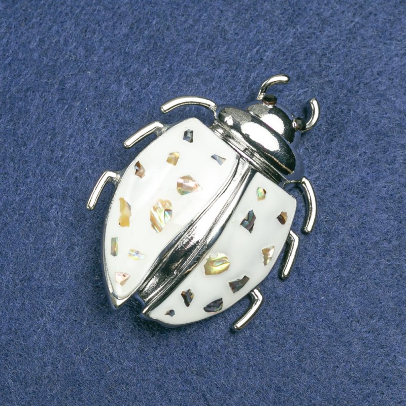 Beetle Brooch, Silver-Tone Metal, White Enamel, Abalone and Black Rhinestones, 58x24mm +