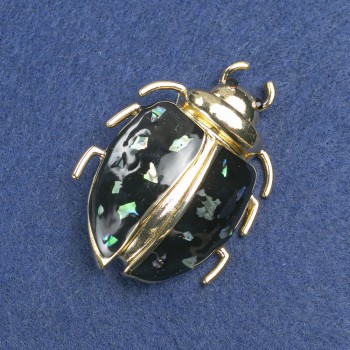 Beetle Brooch, Gold-Tone Metal, Black Enamel, Abalone and Black Rhinestones, 58x24mm +