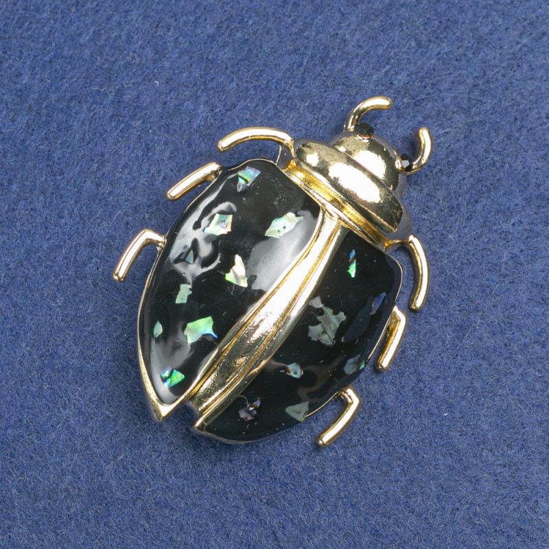 Beetle Brooch, Gold-Tone Metal, Black Enamel, Abalone and Black Rhinestones, 58x24mm +