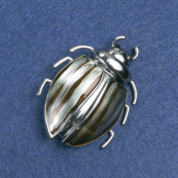 Beetle Brooch, Dark Silver-Tone Metal, Enamel and Black Rhinestones, 58x24mm +