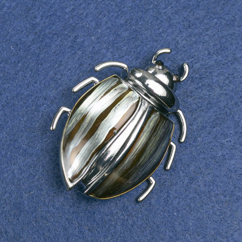 Beetle Brooch, Dark Silver-Tone Metal, Enamel and Black Rhinestones, 58x24mm +