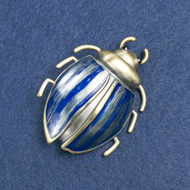 Beetle Brooch, Dark Gold-Tone Metal, Blue Enamel and Black Rhinestones 58x24mm +