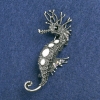 Seahorse Brooch, Silver-Tone Metal, White Enamel and White Petrol Rhinestones 47x15mm +