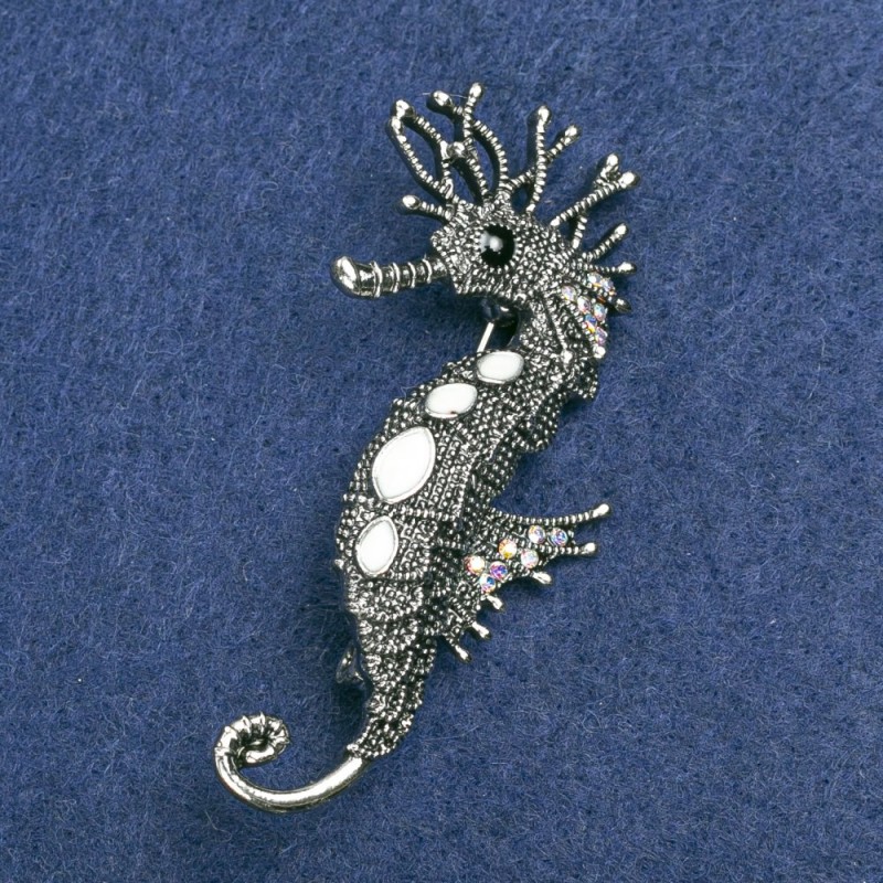 Seahorse Brooch, Silver-Tone Metal, White Enamel and White Petrol Rhinestones 47x15mm +