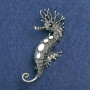 Seahorse Brooch, Silver-Tone Metal, White Enamel and White Petrol Rhinestones 47x15mm +