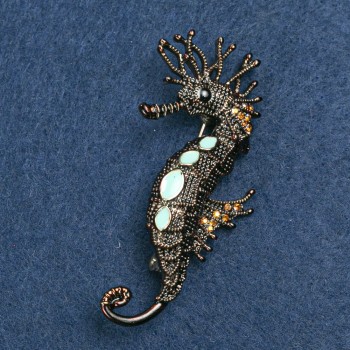 Brooch Sea Horse Golden Metal, Turquoise Enamel and Golden Gasoline Crystals 47x15mm +