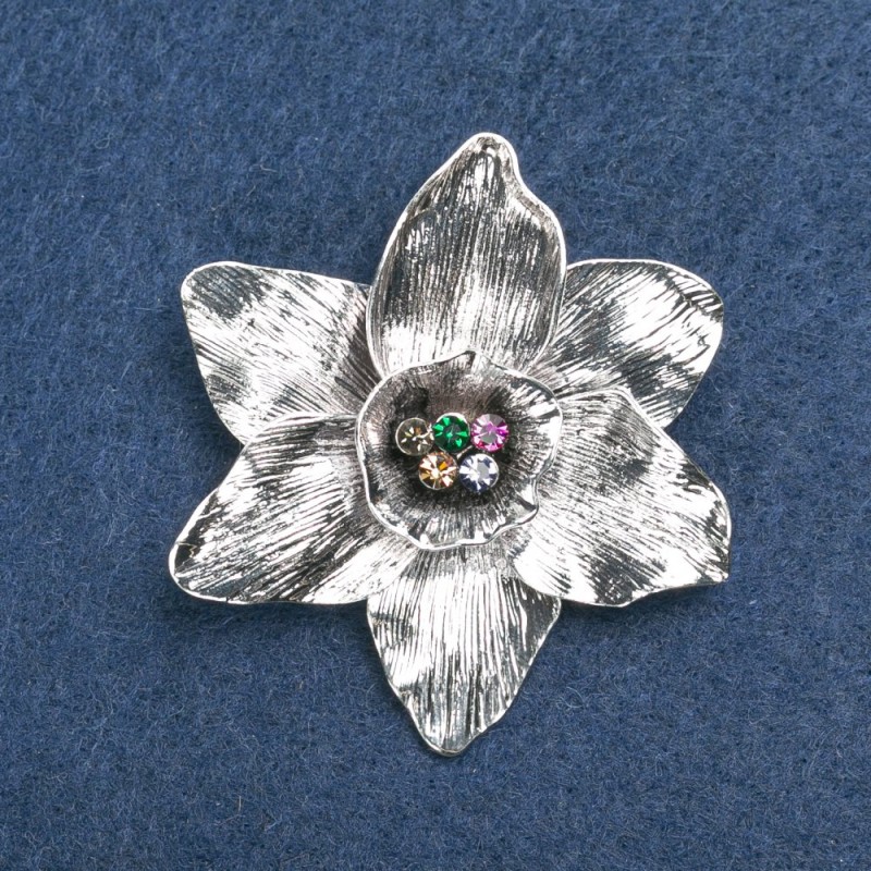 Flower Brooch, silver-tone metal, multicolour rhinestones 50mm +