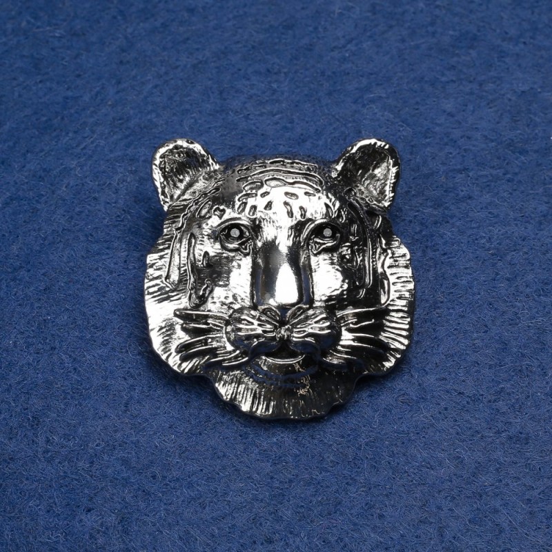 Tiger Brooch Silver-Tone Metal and Black Rhinestones 35mm +
