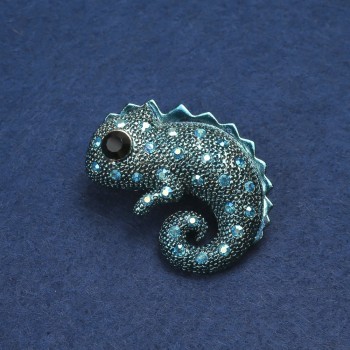 Chameleon Brooch Gold-Tone Metal, Enamel and Petrol-Tone Rhinestones 42x30mm +