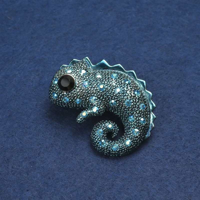 Chameleon Brooch Gold-Tone Metal, Enamel and Petrol-Tone Rhinestones 42x30mm +