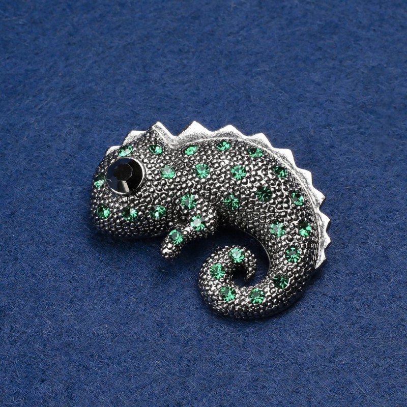Chameleon Brooch Silver-Tone Metal, Green and Black Rhinestones 42x30mm +