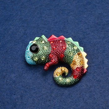Chameleon Brooch Gold-Tone Metal, Enamel and Rhinestones 42x30mm +