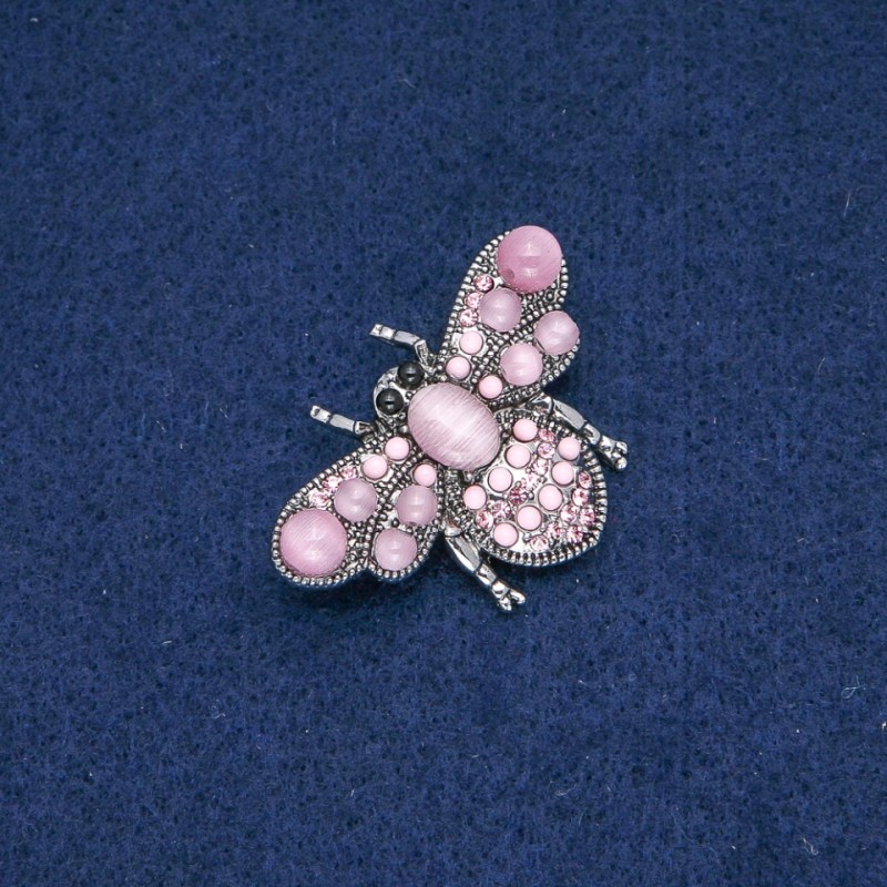 Butterfly Brooch, Cat's Eye, Pink Rhinestones, Silver-Tone Metal, 40x20mm +