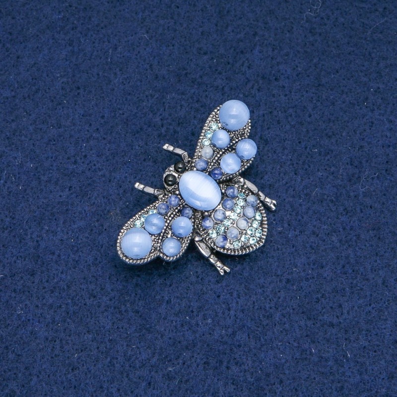 Butterfly Brooch, Cat's Eye, Light Blue Rhinestones, Silver-Tone Metal, 40x20mm +