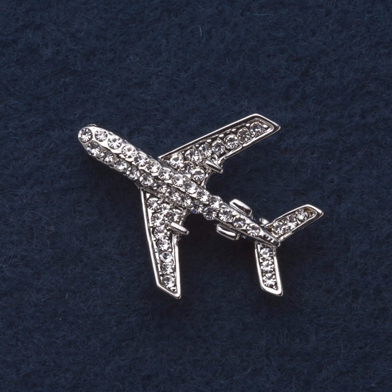 Aeroplane Brooch 3x3cm Rhinestones, Grey Metal