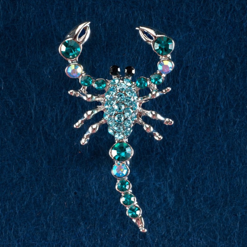 Scorpion Brooch Turquoise-Blue Rhinestones, Grey Metal 55x25mm