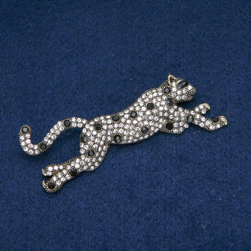 Leopard Brooch White and Black Rhinestones, Silver-Tone Metal 78x30mm +