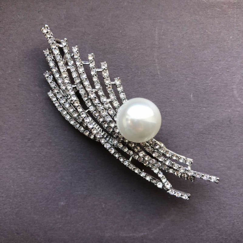 Brooch-Pendant, Silver-Tone Metal with Rhinestones and Bead, Diameter 13mm + - 76x23mm +
