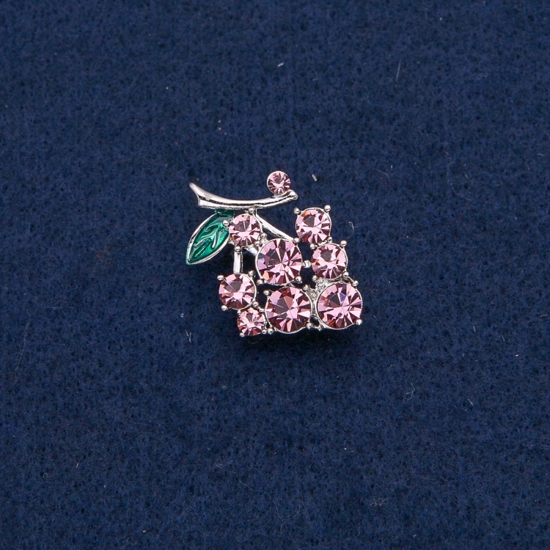 Grape Brooch-Pendant, Silver-Tone Metal with Pink Stones 29x20mm +