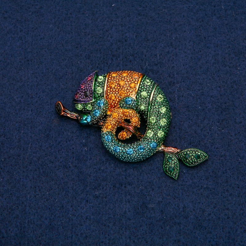 Chameleon Brooch, gold-tone metal with black, yellow, green, blue, purple and dark green rhinestones 63x35mm