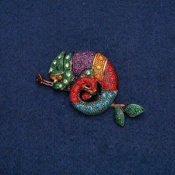 Chameleon Brooch Gold-Tone Metal with Multicoloured Rhinestones 63x35mm +