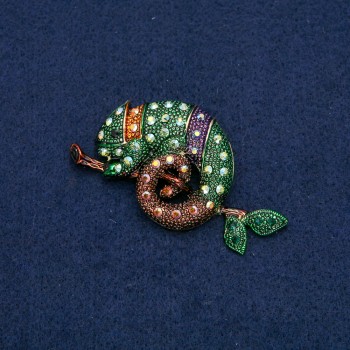 Chameleon Brooch Gold-Tone Metal with Petrol Rhinestones 63x35mm +