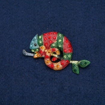 Chameleon Brooch Gold-Tone Metal with Black, Yellow, Green, Red, Dark Green and Blue Rhinestones 63x35mm +