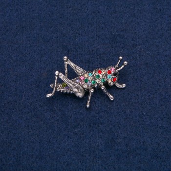 Grasshopper Brooch Silver-Tone Metal with Multicoloured Rhinestones 42x26mm +