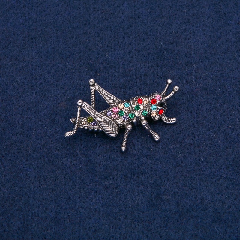 Grasshopper Brooch Silver-Tone Metal with Multicoloured Rhinestones 42x26mm +