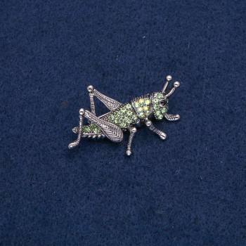 Grasshopper Brooch Silver-Tone Metal with Black, Green and Petrol Rhinestones 44x27mm +