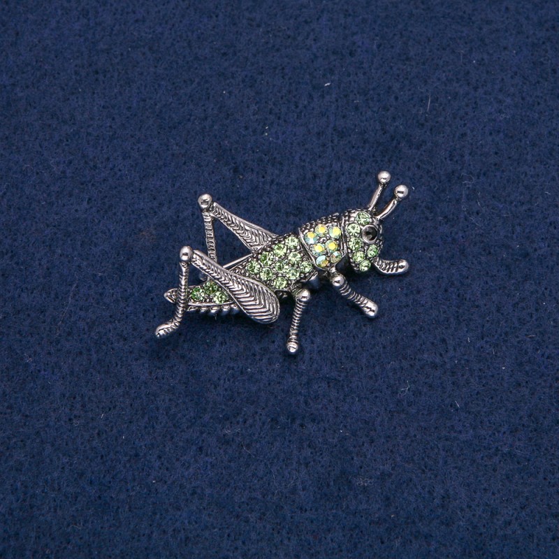 Grasshopper Brooch Silver-Tone Metal with Black, Green and Petrol Rhinestones 44x27mm +