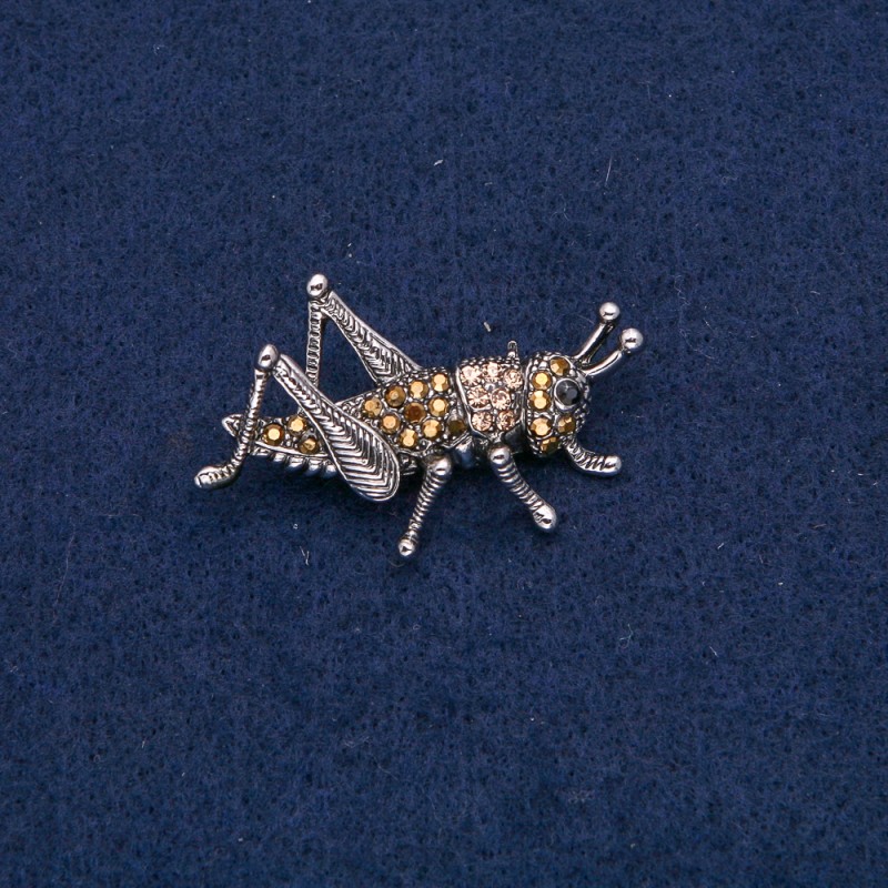 Grasshopper Brooch Silver-Tone Metal with Black and Yellow Rhinestones 42x26mm +