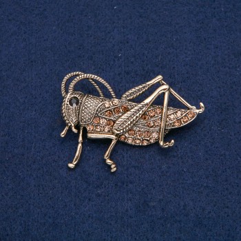 Grasshopper Brooch, Gold-Tone Metal with Black and Yellow Rhinestones, 57x38mm +