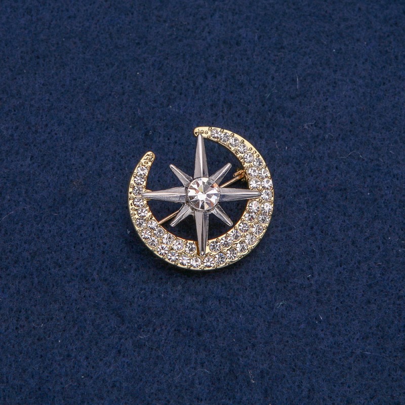 Gold-Tone Moon Brooch with Silver-Tone Star, White Rhinestones and Stone, 28x26mm +
