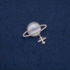 Saturn Cat's Eye Brooch (Silver) with Plane, Silver-tone Metal with White Rhinestones, 35x20mm +