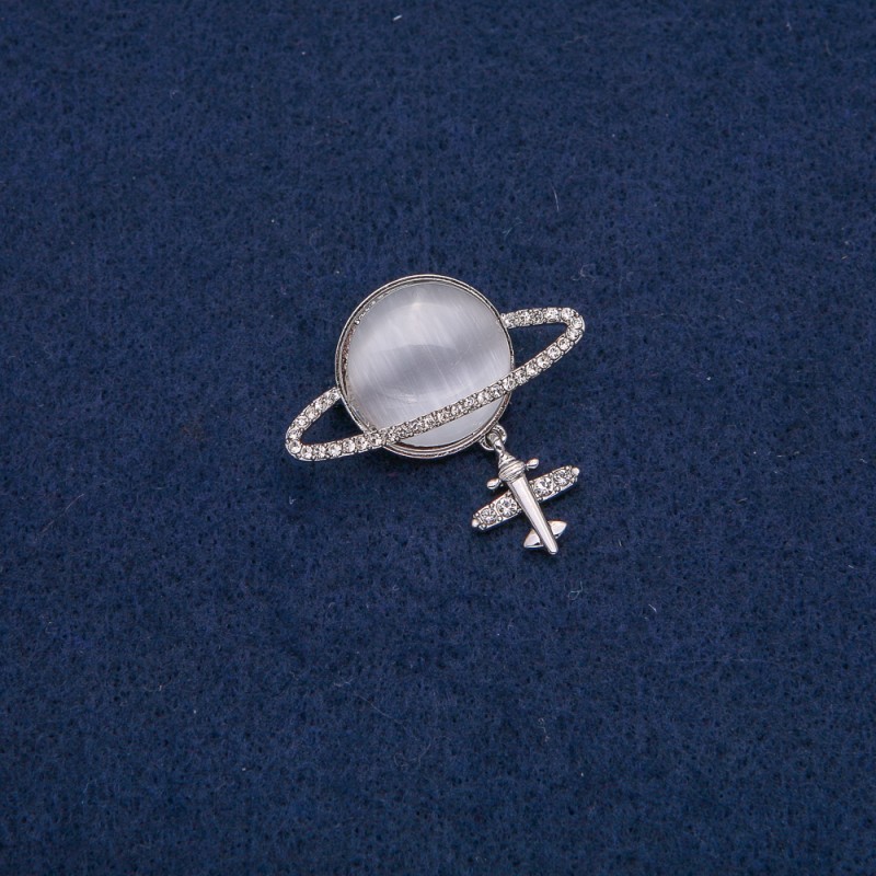 Saturn Cat's Eye Brooch (Silver) with Plane, Silver-tone Metal with White Rhinestones, 35x20mm +