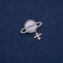 Saturn Cat's Eye Brooch (Silver) with Plane, Silver-tone Metal with White Rhinestones, 35x20mm +