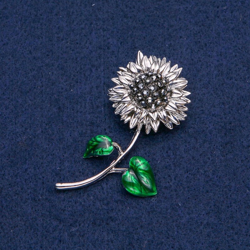 Sunflower Brooch, Silver-Tone Metal with Black Rhinestones, 56x27mm +