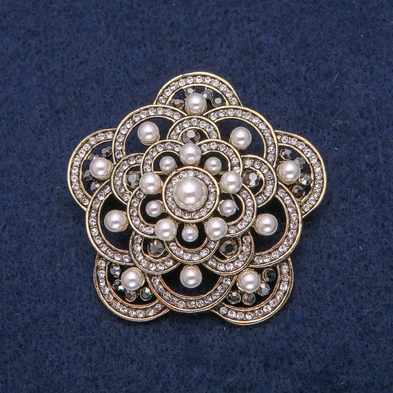 Brooch with White Beads and Dark Rhinestones, Gold-Tone Metal, 47x47mm