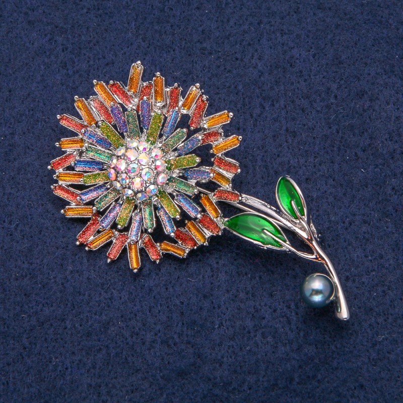 Flower Brooch, Silver-Tone Metal with Multicoloured Enamel and Rhinestones, 61x33mm
