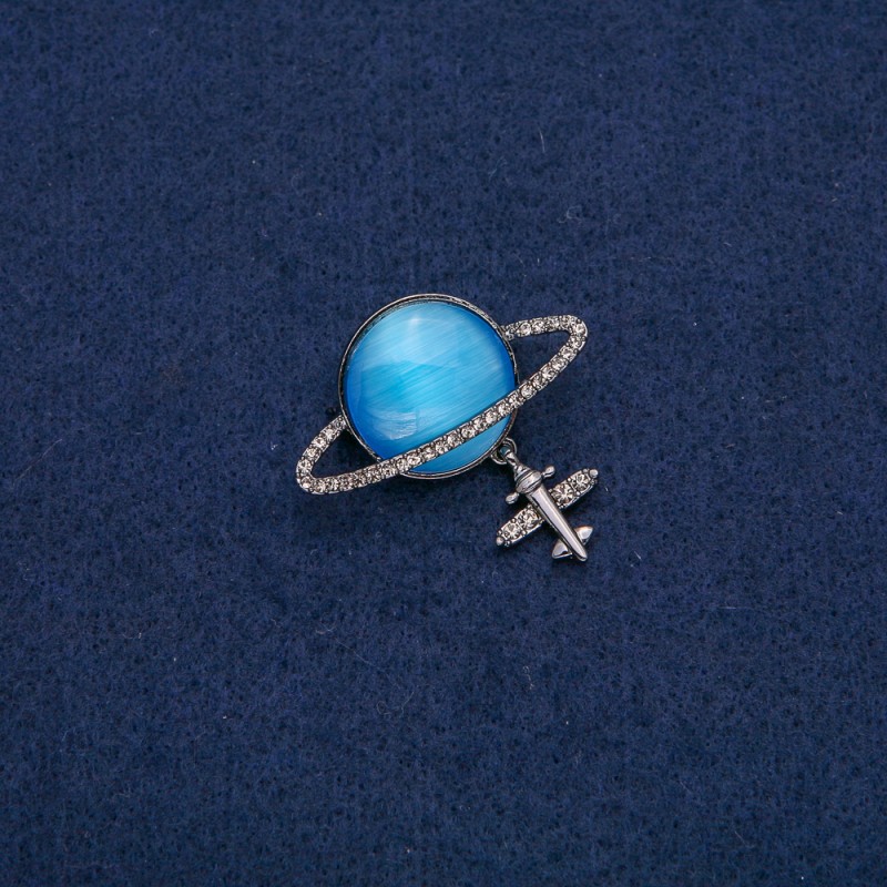 Saturn Cat's Eye (Imitation) Brooch with Airplane, Dark Metal with White Rhinestones, 35x20mm +