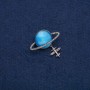 Saturn Cat's Eye (Imitation) Brooch with Airplane, Dark Metal with White Rhinestones, 35x20mm +
