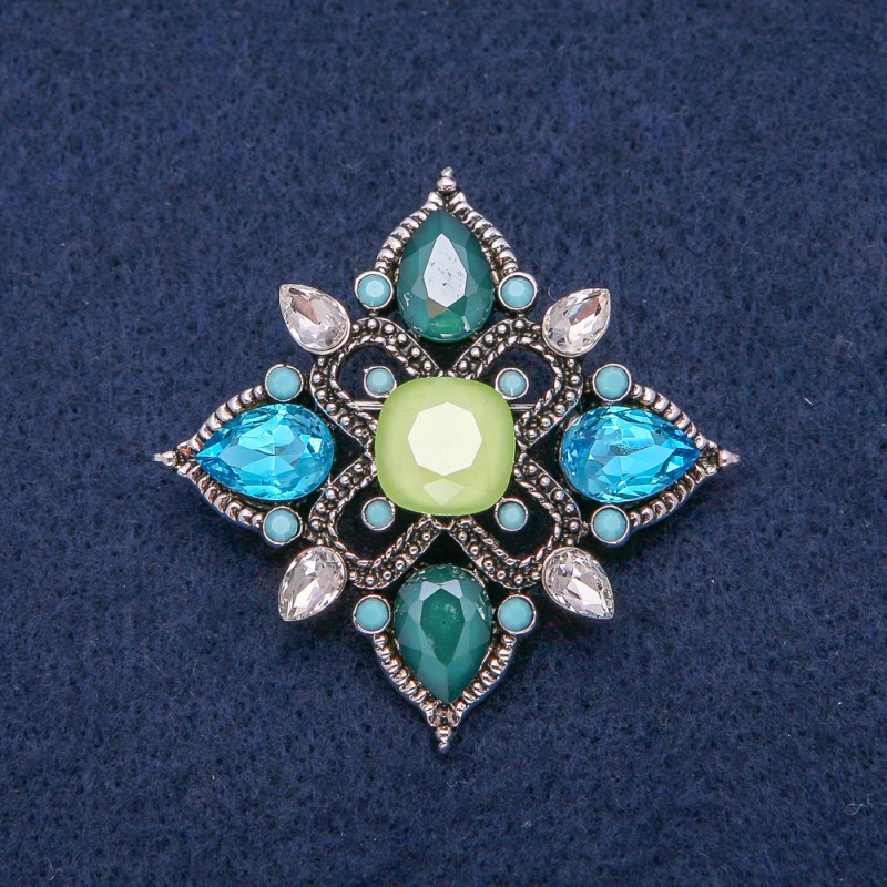 Flower Brooch, Silver-Tone Metal with Rhinestones, 44x44mm