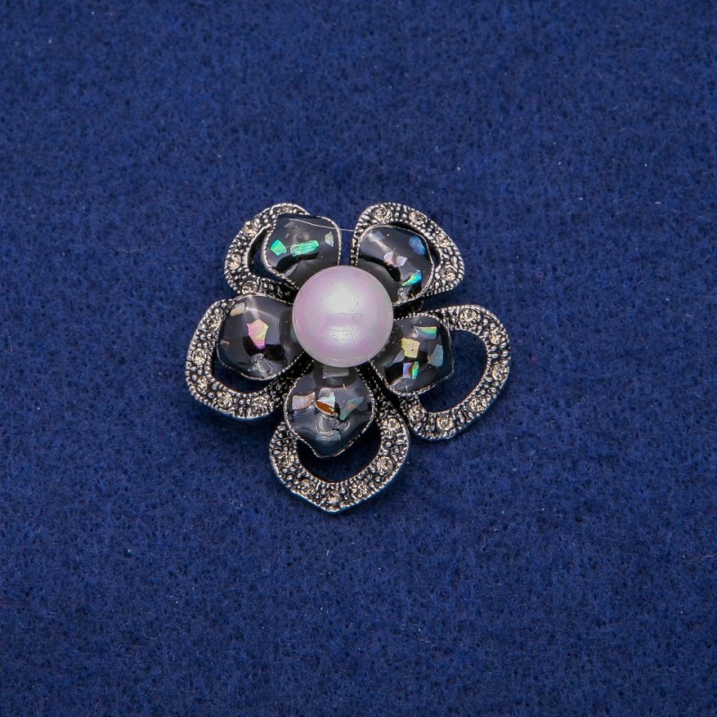 Flower Brooch with Abalone Mother-of-Pearl and Rhinestones, 36mm, Silver-tone Metal