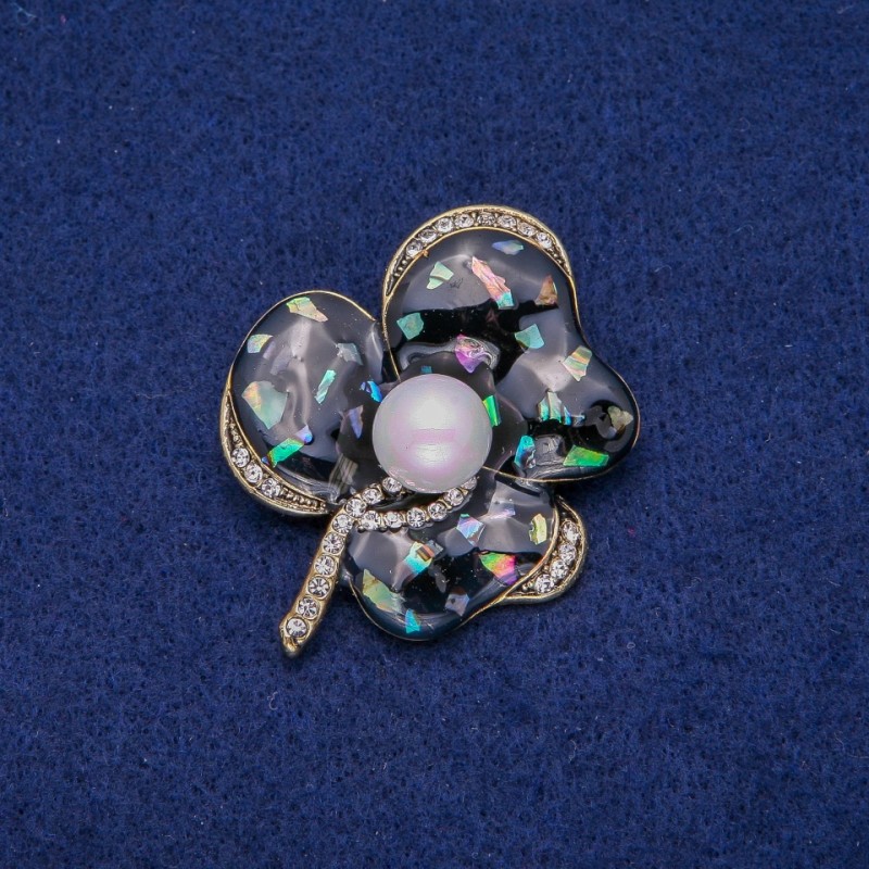 Flower Brooch with Abalone Mother-of-Pearl and Rhinestones, 41x51mm, Gold-tone Metal